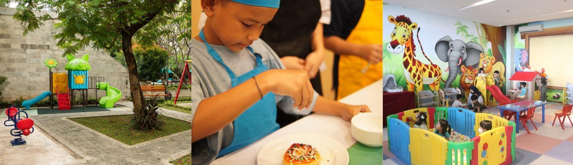 Kiri ke Kanan: Kids Playground di The Grove Suites by Grand Aston, Cooking Class di favehotel Padjajaran, Kids Club di Aston Kartika Grogol