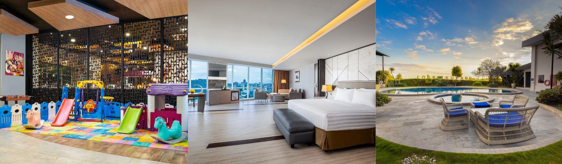 Tempat Bermain Anak-Anak di fave hotel Sidoarjo, Kamar Junior Suite di Aston Makassar Hotel & Convention Center, Kolam Renang di Neo Eltari Kupang