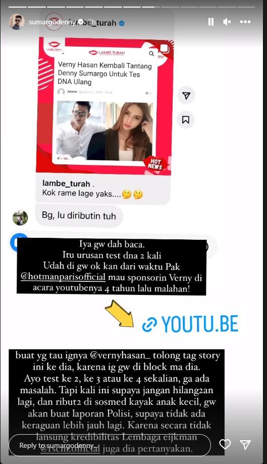 Unggahan Denny Sumargo yang menerima tantangan Verny Hasan.