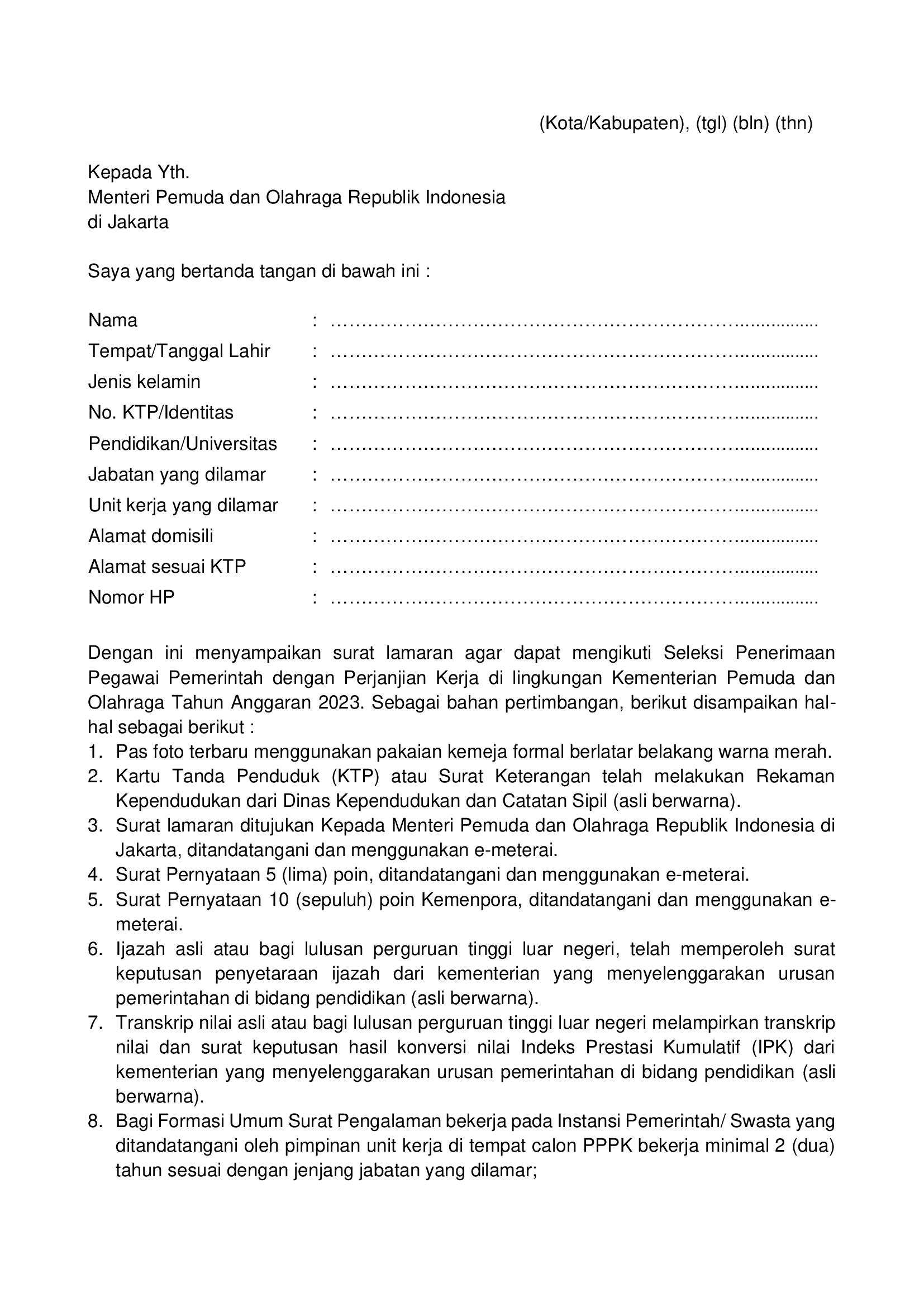 Format Surat lamaran PPPK Kemenpora 2023