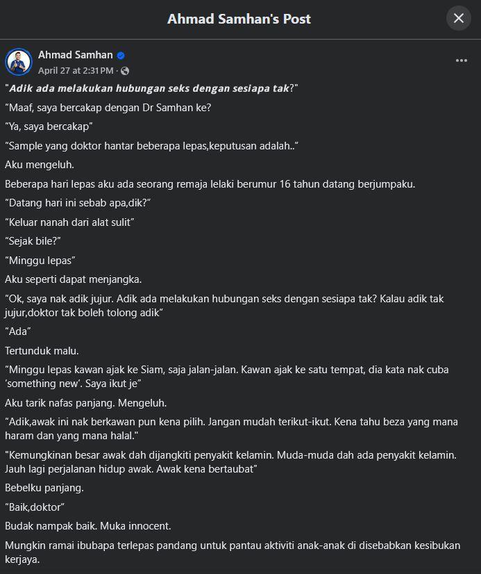 VIRAL MEDIA SOSIAL - Tangkap layar postingan Facebook Ahmad Samhan pada 27 April 2025. Dokter asal Malaysia ini menceritakan bagaimana remaja 16 bisa terkena STD, yang membuatnya prihatin.
