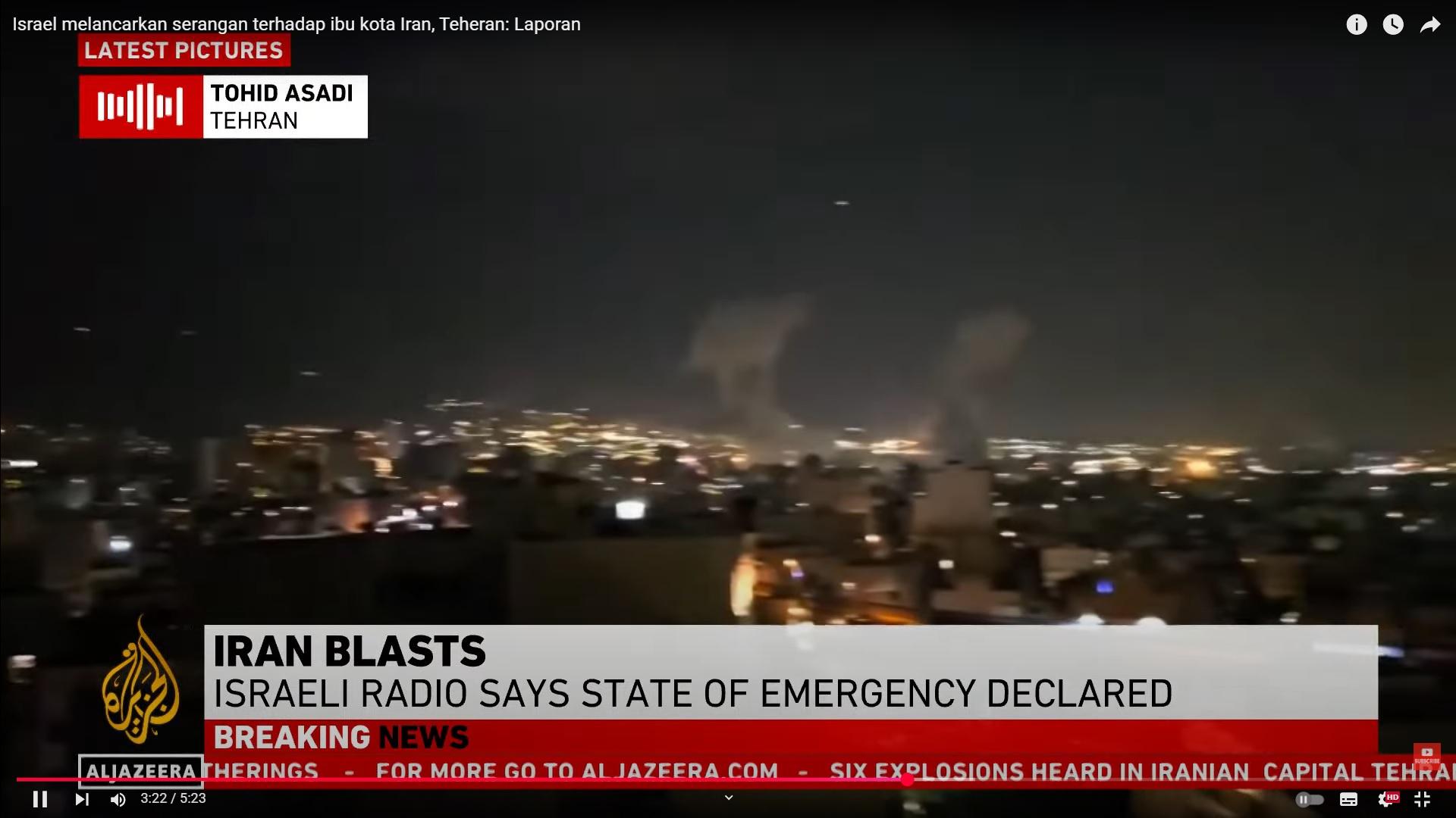 ISRAEL SERANG IRAN. Gambar merupakan tangkap layar dari YouTube Al Jazeera English, Jumat (13/6/2025), Israel melancarkan serangan terhadap ibu kota Iran, Teheran.