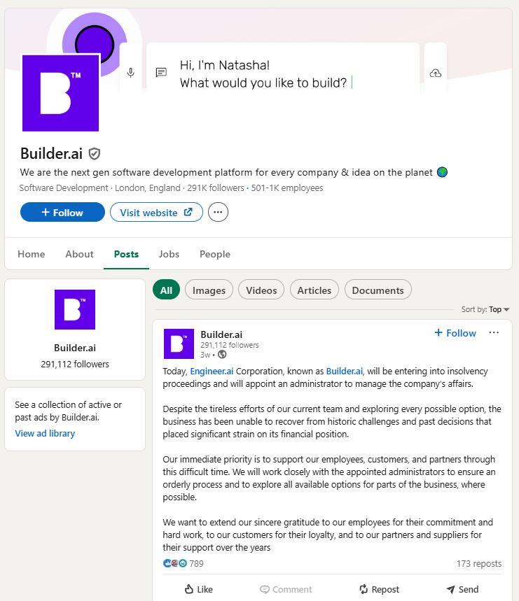 PERUSAHAAN AI BANGKRUT - Tangkap layar yang diambil pada 11 Juni 2025, menampilkan profil Builder.ai di LinkedIn dan pernyataan proses kepailitan. Perusahaan rintisan yang dulu dipuji karena bermitra dengan Microsoft, kini bangkrut.