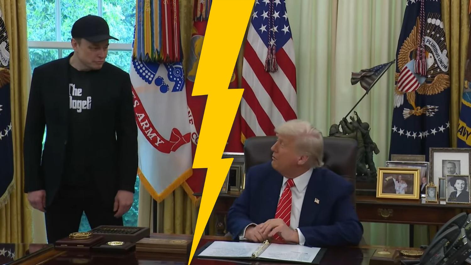 KERETAKAN - Kolase foto dari tangkap layar YouTube The White House, memperlihatkan Elon Musk dan Donald Trump menggelar konferensi pers bersama di Ruang Oval pada 31 Mei 2025. Hubungan persahabatan Elon Musk dan Donald Trump kini sudah berakhir apa penyebabnya?
