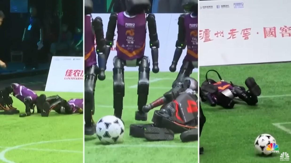 PERTANDINGAN ROBOT - Tangkap layar YouTube NBC News 1 Juli 2025, memperlihatkan pertandingan sepak bola robot AI pertama di China. Selama jalannya pertandingan, ada dua robot yang 'cedera' dan harus ditandu keluar lapangan.
