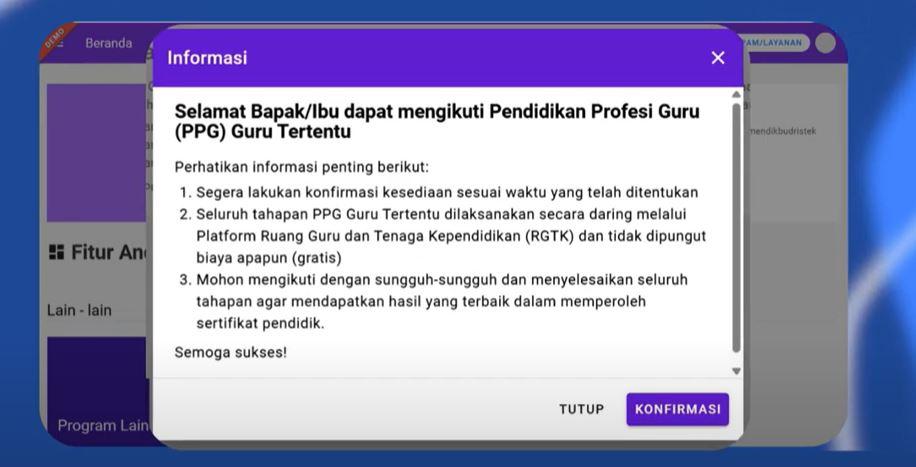 PPG GURU - Tampilan pop up pemanggilan bapak/ibu guru untuk mengikuti PPG Guru Tertentu 2025 di akun SIMPKB.