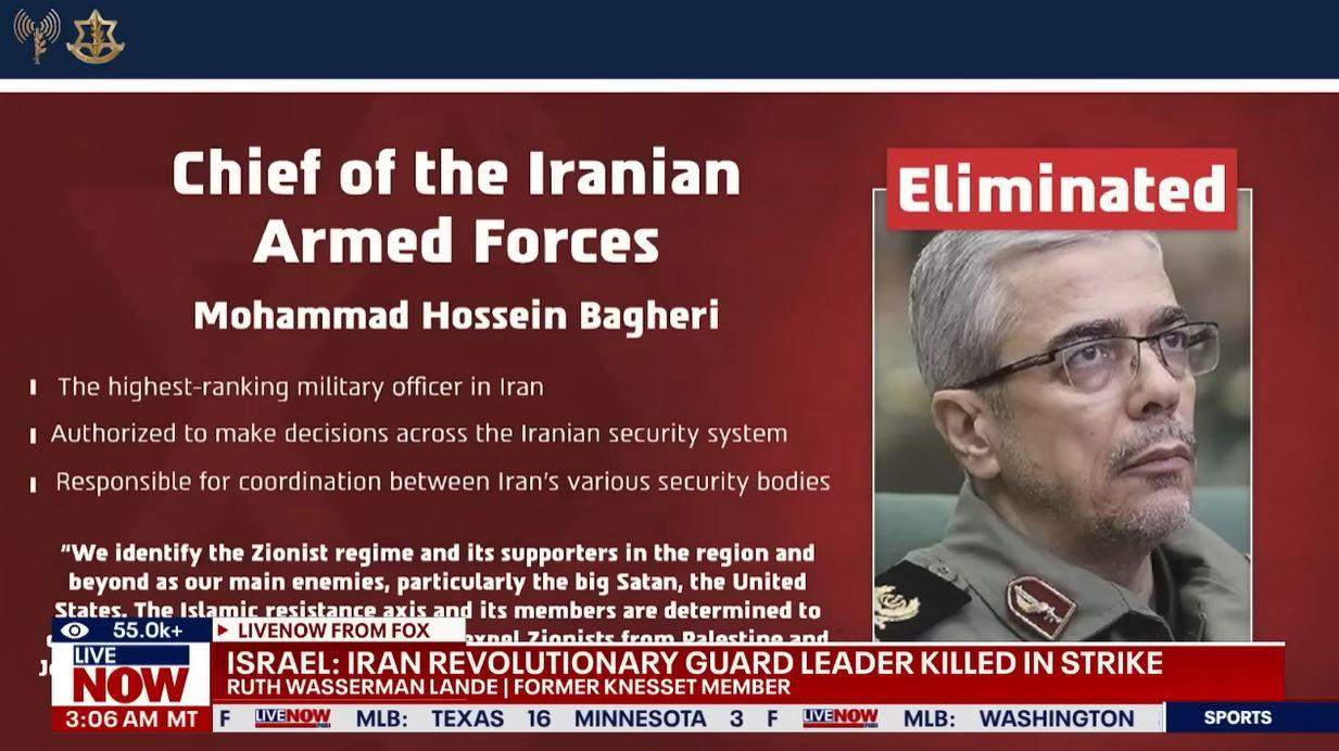 KONFLIK ISRAEL-IRAN - Tangkap layar YouTube LiveNOW from FOX pada 13 Juni 2025, memperlihatkan profil Mayor Jenderal Mohammad Bagheri yang tewas dalam serangan Israel.