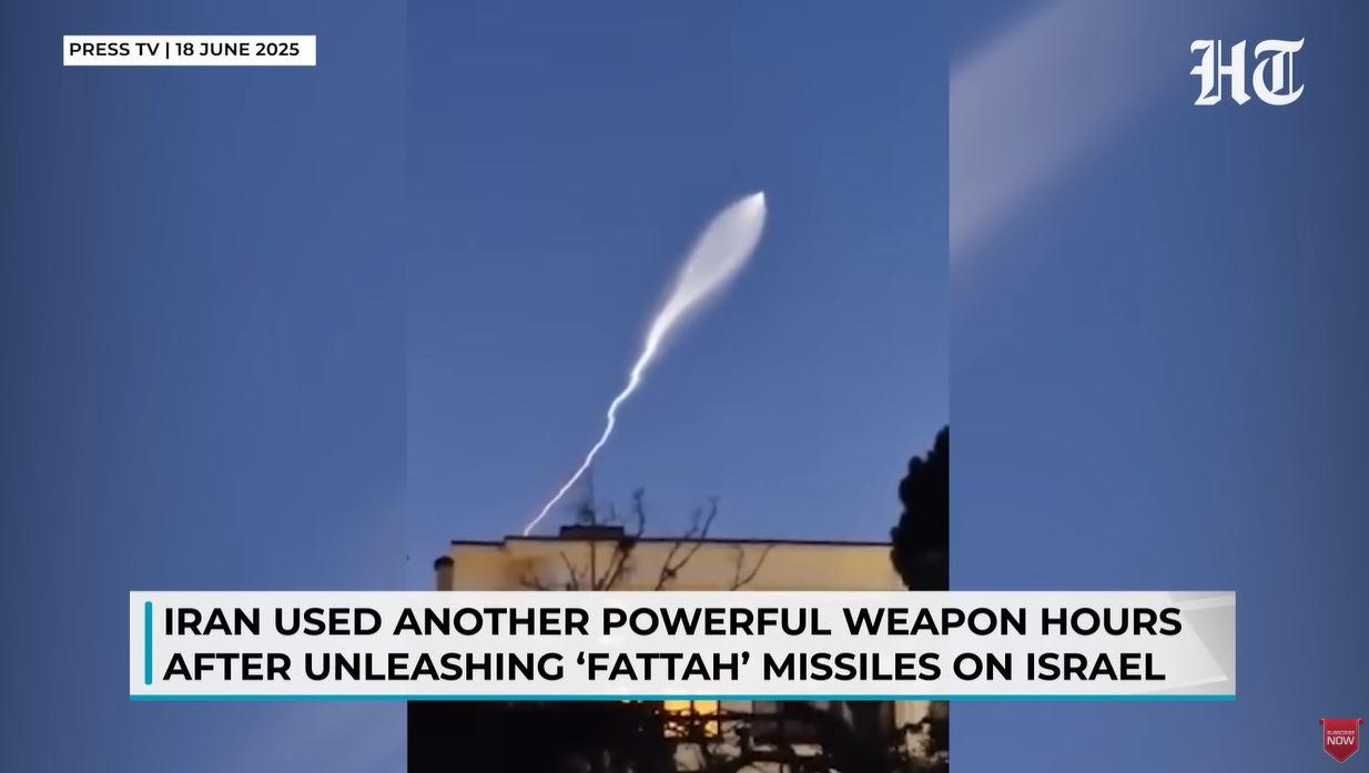 RUDAL SEJJIL IRAN - Tangkap layar YouTube Hindustan Times 19 Juni 2025, memperlihatkan rudal Sejjil yang diluncurkan Iran pada 18 Juni 2025. Ini pertama kalinya Iran meluncurkan rudal jarak jauh tersebut.