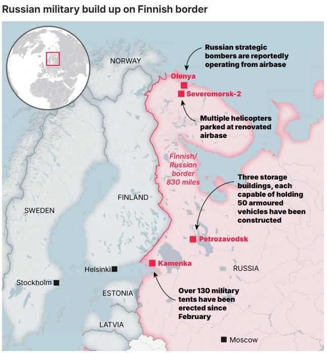 RUSIA VS NATO - Tangkap layar Daily Mail pada 13 Mei 2025, menunjukkan 4 lokasi di mana Rusia meningkatkan jejak militernya di dekat perbatasan Finlandia. Citra satelit terbaru menunjukkan peningkatan kehadiran militer Rusia.