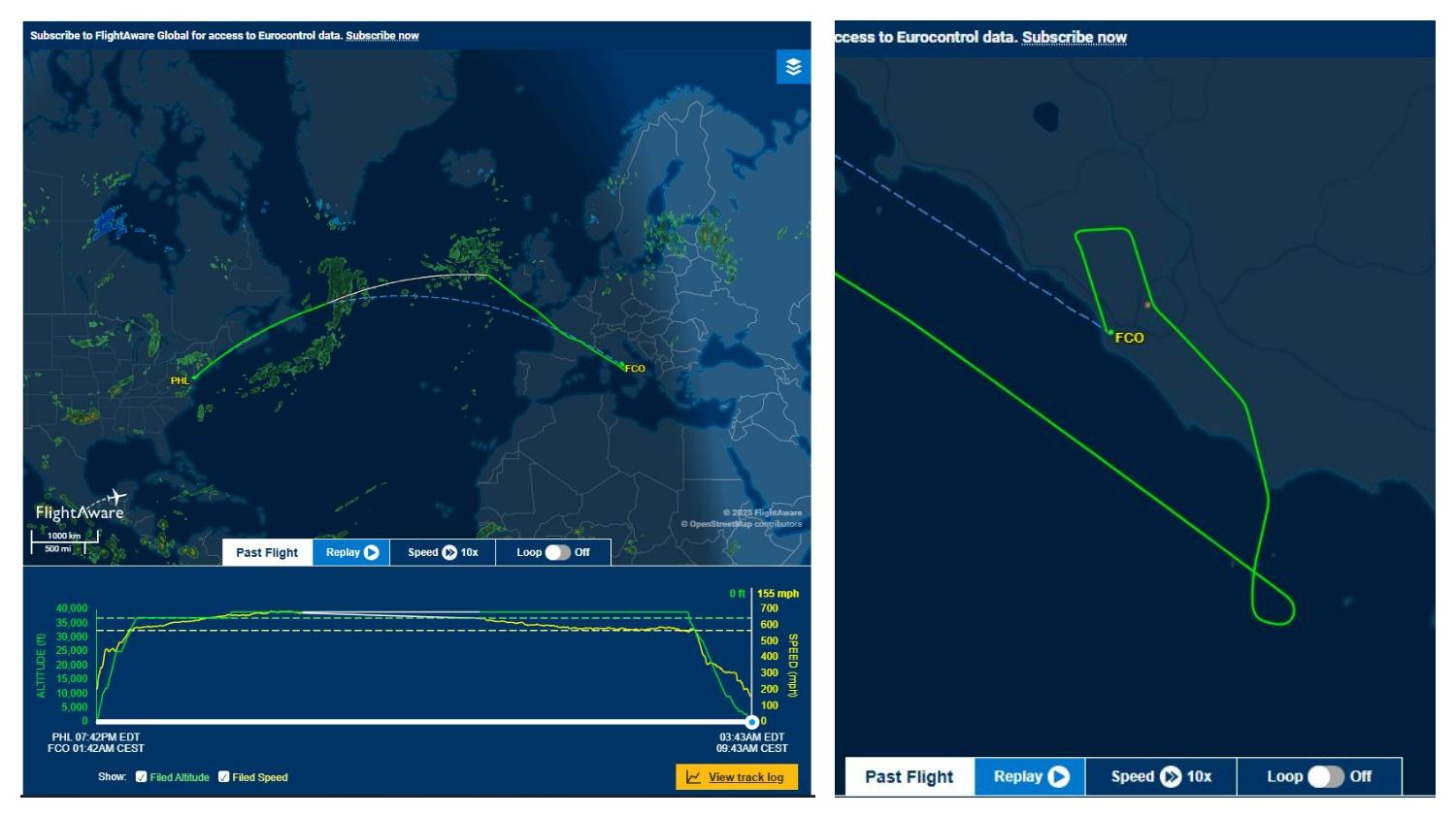 PESAWAT DIALIHKAN - Tangkap layar situs Flightaware, menampilkan rute penerbangan pesawat American Airlines 780 yang ubah rute karena masalah operasional. American Airlines 780 dilaporkan terlalu besar untuk mendarat ke bandara tujuan di Naples, sehingga harus putar ke Roma, Italia.