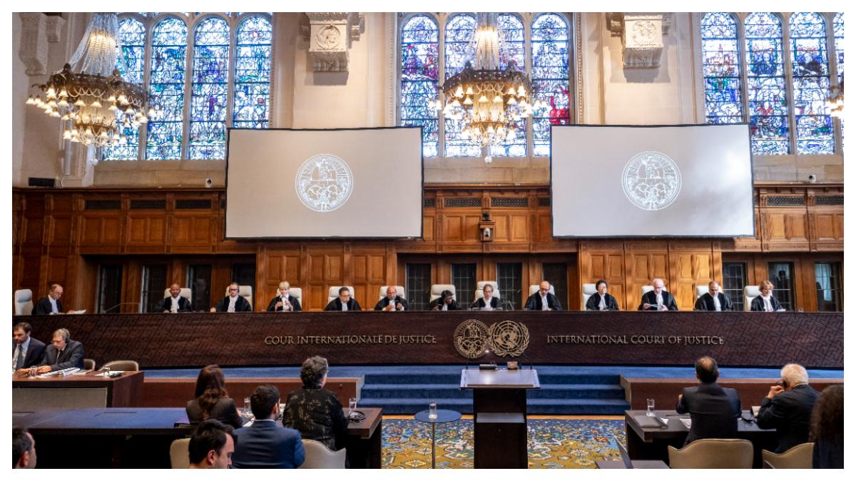 SIDANG ICJ - Foto suasana sidang dengar pendapat umum yang digelar 28 April 2025-2 Mei 2025, mengenai tuntutan negara-negara atas Israel yang memblokir bantuan terhadap Palestina.