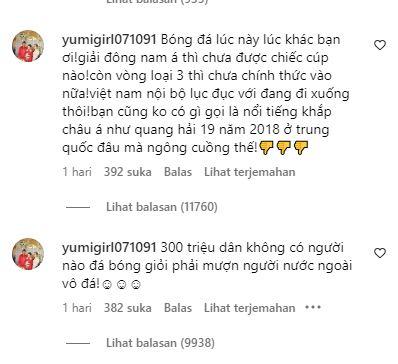 Tangkap layar komentar netizen Vietnam yang ramaikan postingan Justin Hubner