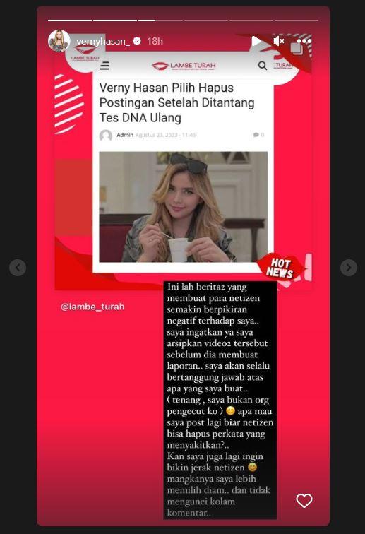 Tangkapan layar instagram stroy Verny Hasan