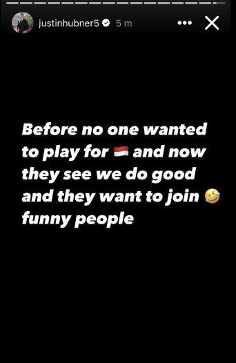Unggahan Instagram story Justin Hubner soal calon pemain baru Timnas Indonesia
