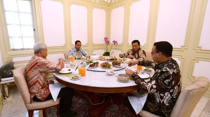Presiden Joko Widodo bersama bakal calon presiden Ganjar Pranowo, bakal calon presiden Prabowo Subianto dan bakal calon presiden Anies Baswedan makan siang bersama di Istana Merdeka, Jakarta, Senij (30/10/2023). Presiden Joko Widodo mengundang ketiga bakal calon presiden untuk makan siang bersama sekaligus melakukan silaturahmi bersama.