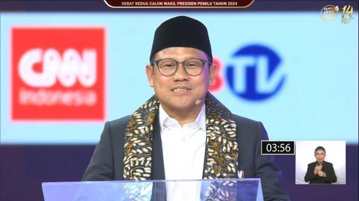 Cawapres nomor urut 1, Muhaimin Iskandar atau Cak Imin manyampaikan visi misinya dalam debat cawapres, Jumat (22/12/2023). Tangkap Layar YouTube KPU