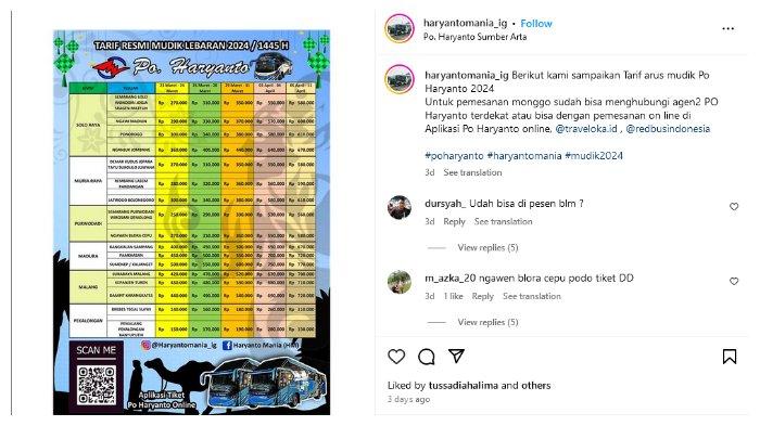 PO Haryanto telah merilis tarif tuslah untuk Lebaran 2024.