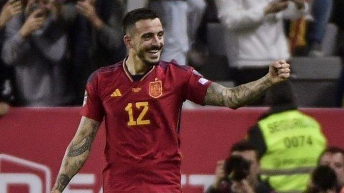 Penyerang timnas Spanyol, Joselu, melakukan selebrasi usai menjebol gawang Norwegia pada laga Kualifikasi Euro 2024 di Stadion La Rosaleda, Malaga, pada Sabtu (25/3/2023)