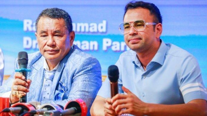 Presenter Raffi Ahmad dan pengacara Hotman Paris Hutapea di Mampang Prapatan, Jakarta Selatan, Senin (5/2/2024). Raffi Ahmad tegas membantah tudingan miring itu dan tidak terlibat kasus tindak pidana pencucian uang (TPPU).