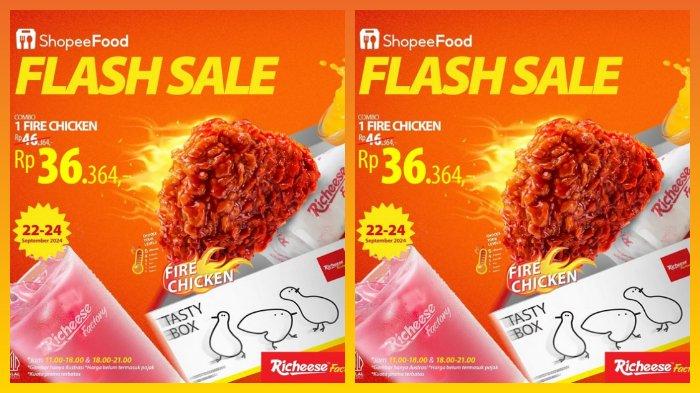 Promo Flash Sale Richeese Factory dengan potongan harga untuk pembelian menu Combo 1 Fire Chicken.