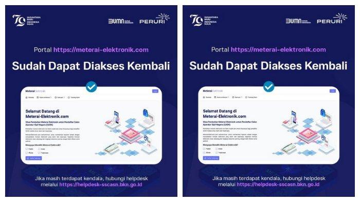 Peruri mengonfirmasi situs Meterai Elektronik sudah dapat diakses kembali