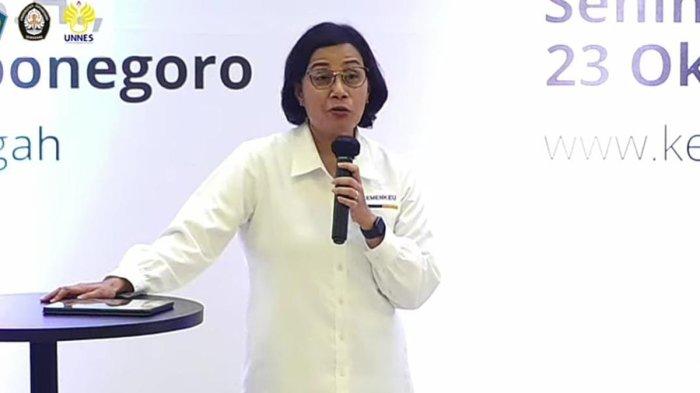 Sri Mulyani dalam acara Kuliah Umum: Kebijakan Fiskal di Tengah Konstelasi Ketidakpastian Global, Senin (23/10/2023).