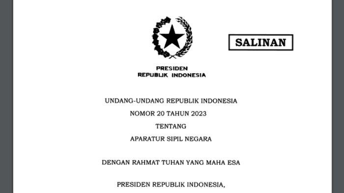 Undang-Undang Nomor 20 Tahun 2023 tentang Aparatur Sipil Negara alias UU ASN 2023. UU ASN terbaru mengatur penghapusan tenaga honorer dan jaminan pensiun PPPK.