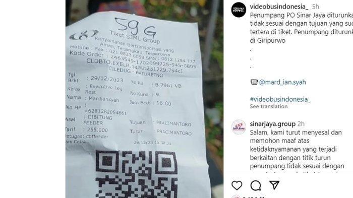 Video penumpang bus PO Sinar Jaya yang diturunkan tidak sesuai diturunkan tidak sesuai tujuan tiket.