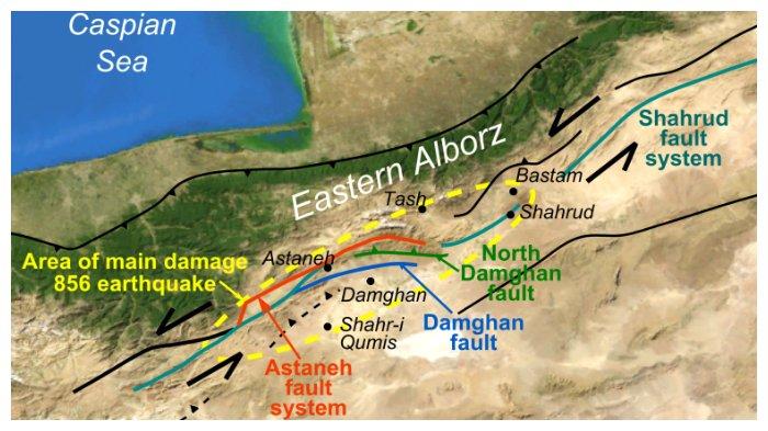 Peta patahan dan area yang terdampak Gempa Bumi Damghan paling parah