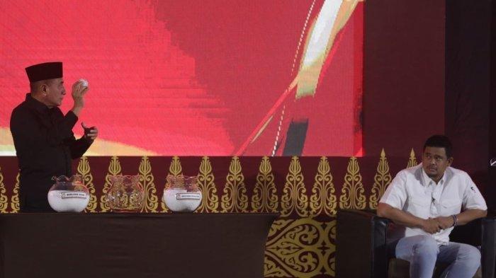 Bobby Nasution dan Edy Rahmayadi dalam debat Pilkada Sumut di Hotel Santika, Kota Medan, Sumatera Utara pada Rabu (6/11/2024) malam.