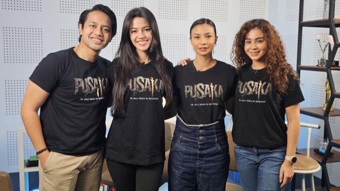 Bintang film Bukie Basudewa Mansyur, Susan Sameh, Shareefa Daanish dan Sahila Hisyam berbincang di Warta Kota, Palmerah, Jakarta Pusat, Senin (1/7/2024). Mereka mempromosikan film horor terbarunya berjudul Pusaka garapan MVP Pictures bersama sutradara Rizal Mantovani. Film Pusaka tayang di bioskop Indonesia mulai 18 Juli 2024.