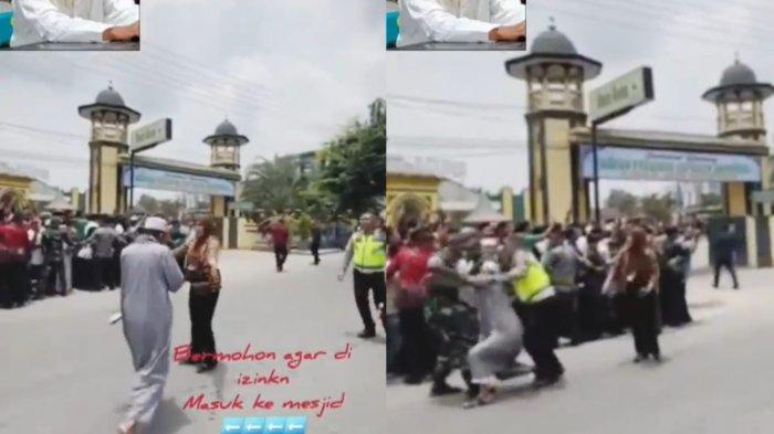 Marhan Harahap dihadang Paspampres ketika hendak salat jumat di Masjid Agung Rantauprapat, Labuhanbatu, Sumatera Utara pada Jumat (15/3/2024).