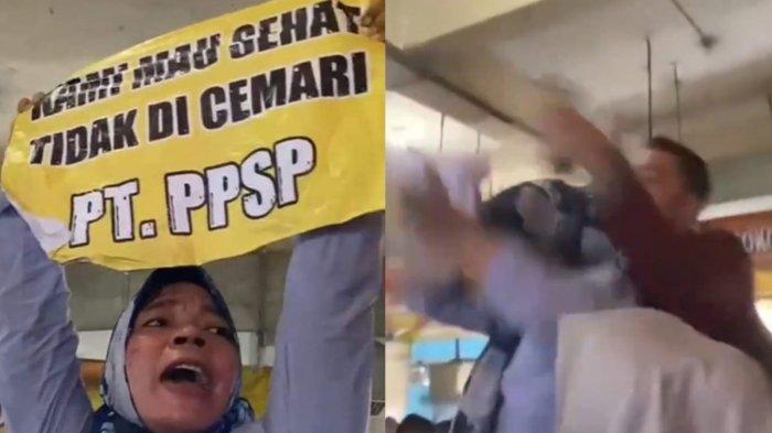 Seorang pria yang diduga anggota Paspampres merebut spanduk milik warga di Pasar Gelugur, Jalan Glugur Rantauprapat, Labuhanbatu, Sumatera Utara pada Jumat (15/3/2024)