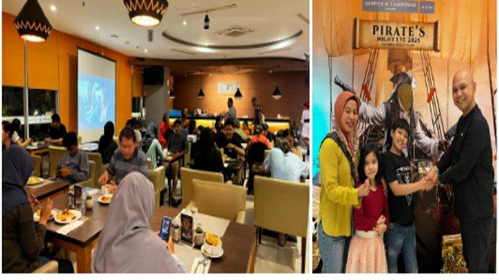 Suasana Buffet Rustik Resto dan pembagian doorprize kepada tamu hotel saat acara makan malam spesial pergantian tahun dengan tema unik 'Pirate’s Night Eve 2025' di Harper MT Haryono, Cawang, Jakarta, Selasa (31/12/2024) malam.
