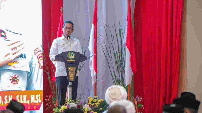 Pj Gubernur DKI Heru Budi Hartono sambutan acara Forkopimda di Gedung Balai Pertemuan Metro Jaya (BPMJ), Jakarta Selatan, pada Senin (13/11/2023).
