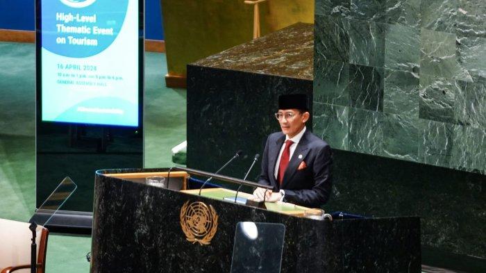 Menteri Pariwisata dan Ekonomi Kreatif (Menparekraf) Sandiaga Salahuddin Uno menjadi pembicara dalam PBB high level meeting bertajuk 'UN General Assembly Sustainability Week' di New York, Amerika Serikat pada Minggu (15/4/2024).