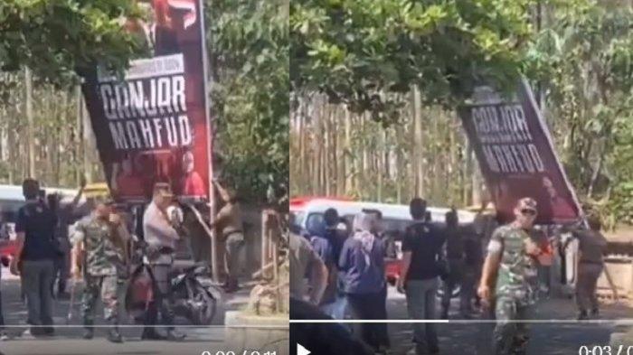 Video baliho pasangan Ganjar Pranowo dan Mahfud MD dicopot saat kunjungan kerja (kanker) Presiden Joko Widodo (Jokowi) viral di media sosial.