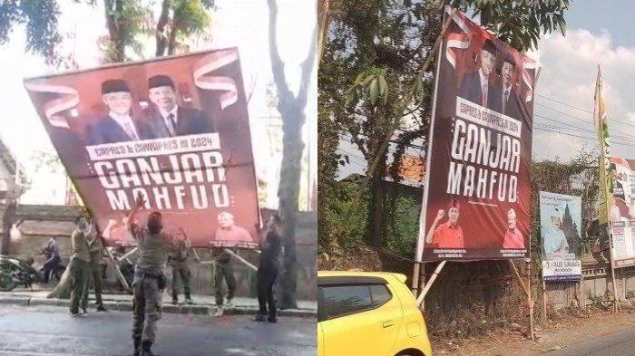 Ilustrasi - Baliho Ganjar-Mahfud sedang dicopot oleh petugas. Setelah Bali, kini aksi pencopotan melanda Banten.