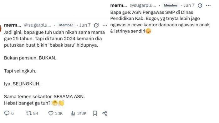 ASN SELINGKUH - Viral pengakuan seorang anak yang curhat, bapaknya ASN Disdik Kabupaten Bogor selingkuh dengan rekan kerjanya.