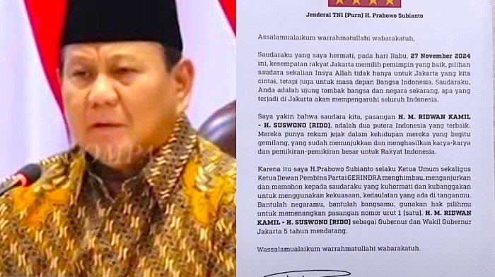 Viral surat ditandatangani Ketum Partai Gerindra Prabowo Subianto mengajak pilih Ridwan Kamil di Pilkada Jakarta 2024