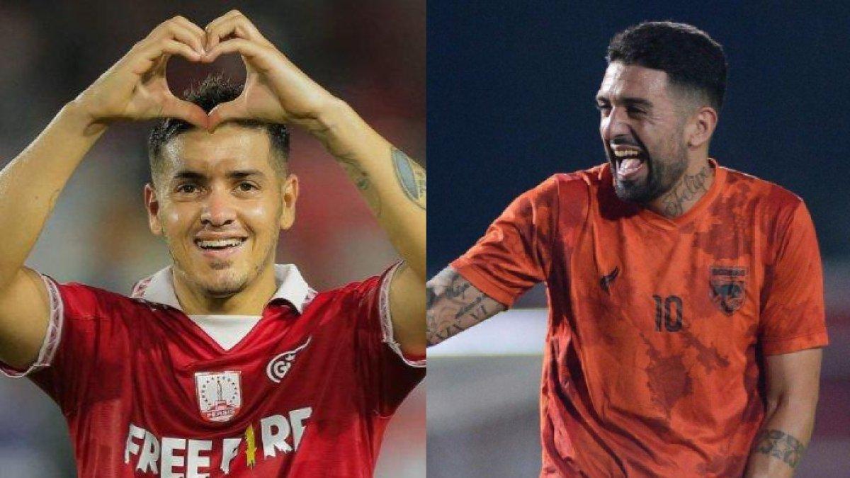 Foto kiri: Gelandang asing Persis Solo, Alexis Messidoro melakukan selebrasi setelah mencetak gol ke gawang Madura United di Stadion Manahan, Solo, Selasa (23/8/2022). Foto kanan: Jonathan Bustos saat menjalani latihan bersama para pemain Borneo FC, Rabu (12/4/2023).