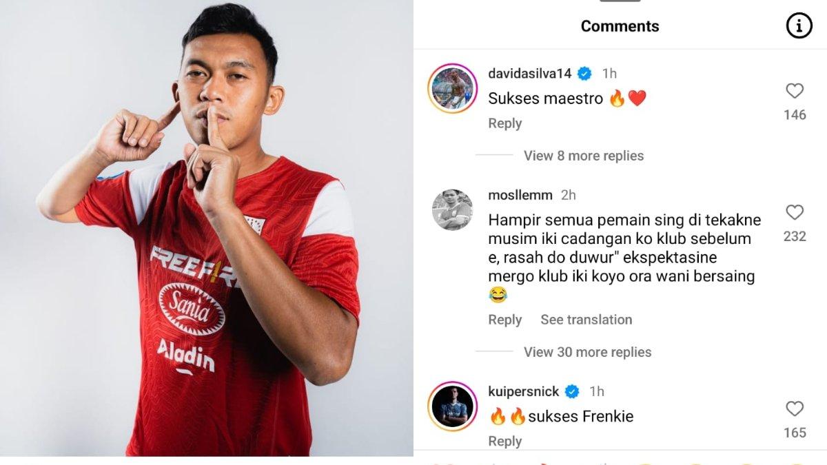 Abdul Aziz yang kini berseragam Persis Solo untuk Liga 1 2024 (kiri) tengah mendapat ucapan selamat dari dua pemain Persib Bandung yang merupakan mantan rekannya, yakni David da Silva dan Nick Kuipers (kanan).