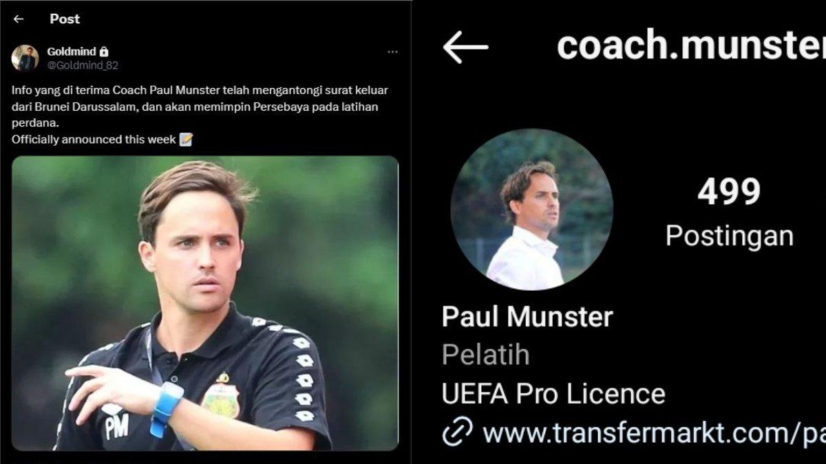 Kolase dua indikasi sosok Paul Munster segera bergabung dengan Persebaya Surabaya di sisa kompetisi Liga 1 2023 dan sudah mundur sebagai direktur teknik Timnas Brunei Darussalam.