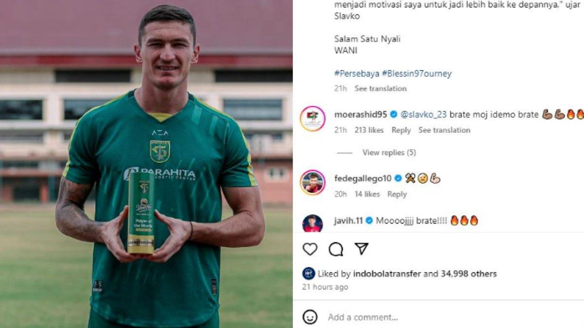 Slavko Damjanovic yang memenangi gelar individu pemain terbaik Persebaya Surabaya di bulan September 2024 kemarin kepergok mendapat ucapan selamat dari dua sosok asing, Bonek tak coba goda? Senin (14/10).