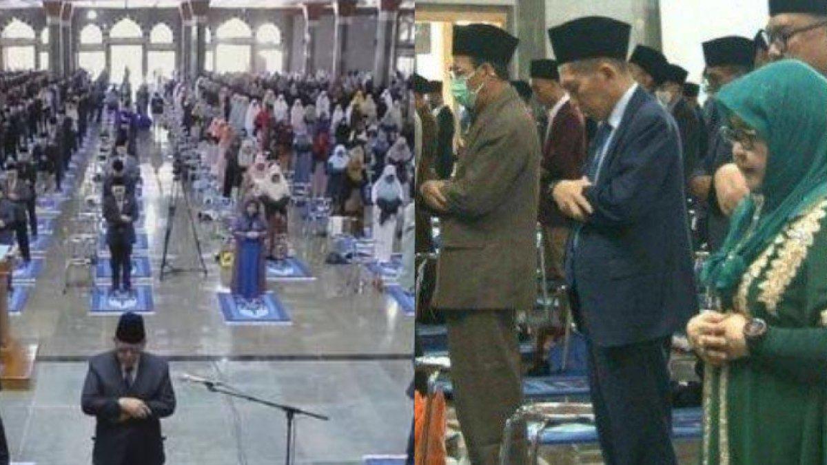 Foto kanan: Salat Idul Fitri di Ponpes Al Zaytun, Indramayu. Foto kiri: Panji Gumilang saat menjadi imam salat Idul Adha masjid yang terletak di Ponpes Al-Zaytun Indramayu, Kamis (29/6/2023).