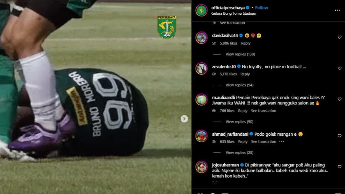 Tiga mantan pemain Persebaya Surabaya, yakni David da Silva, Ze Valente, hingga Ahmad Nufiandani membela Bruno Moreira yang kena tendang kepalanya oleh gelandang PSS Sleman, Wahyudi Hamisi di pekan ke-27 Liga 1 2023 lalu.