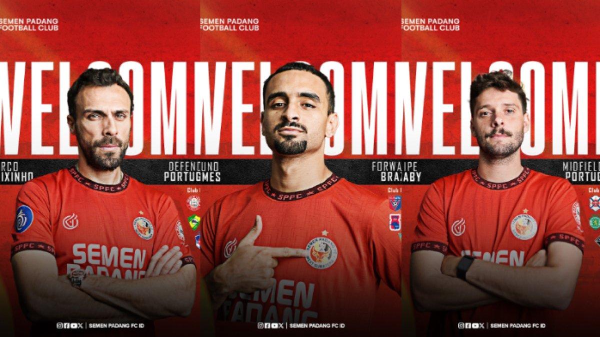 Kolase foto tiga pemain asing baru Semen Padang di Liga 1 2024, Marco Baixinho (kiri), Bruno Gomes (tengah), dan Filipe Chaby (kanan).