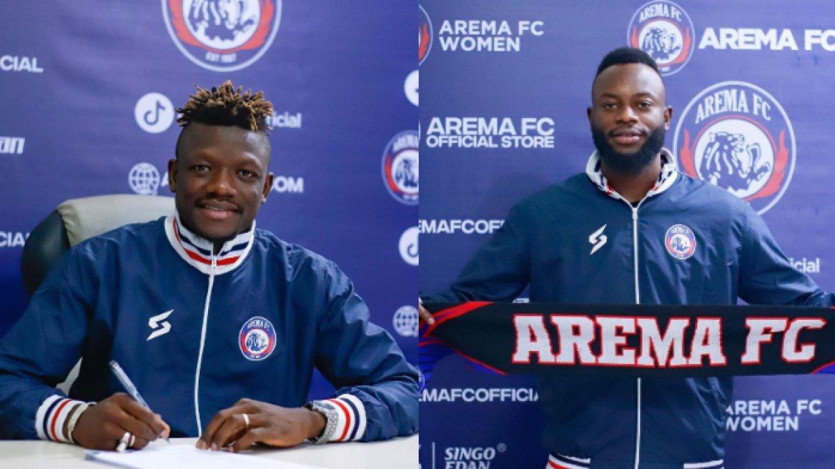 Kolase peresmian bergabungnya Ichaka Diarra (kiri) dan Charles Lokolingoy ke Arema FC, Selasa (30/5/2023).