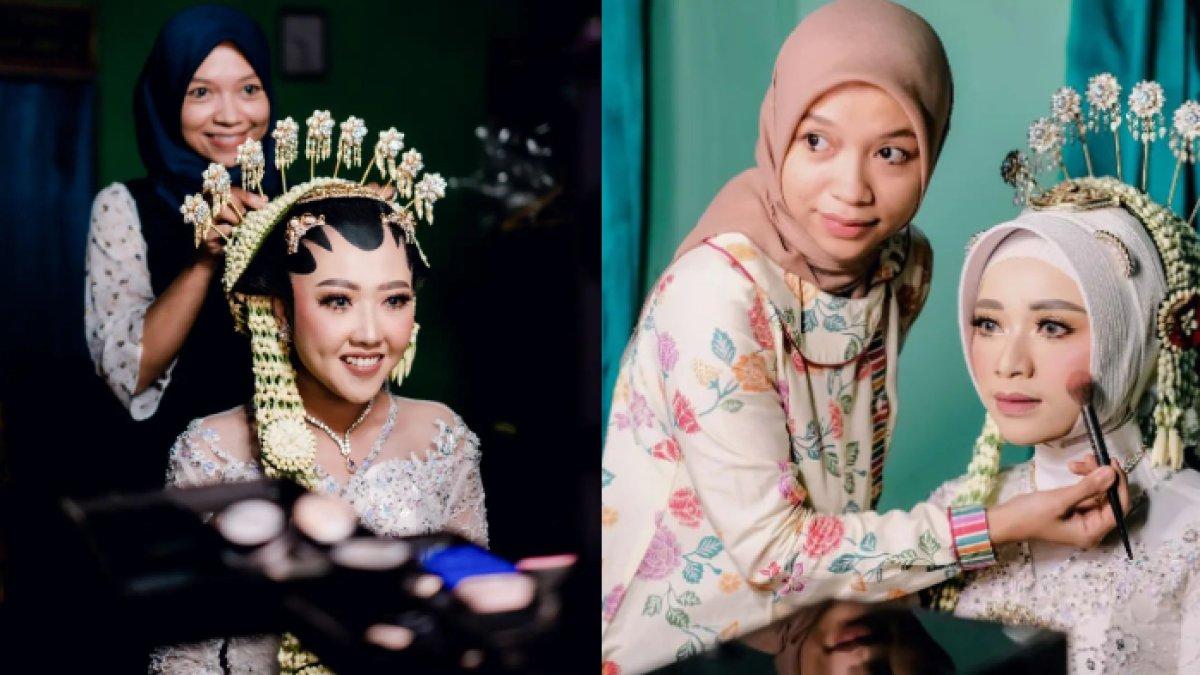 Kolase momen Aan (34) saat melakukan rias pada satu di antara pengguna jasanya, di Klaten, Jawa Tengah.