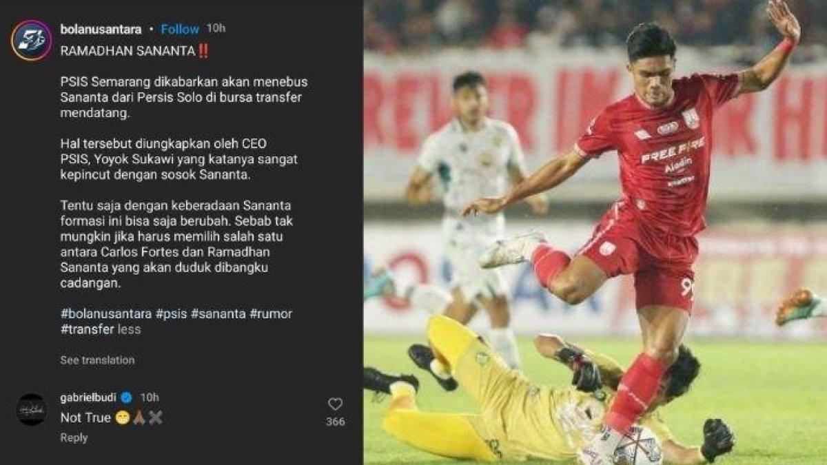 Agen pemain Ramadhan Sananta, Gabriel Budi membantah rumor kepindahan kliennya yang diminati oleh PSIS Semarang.